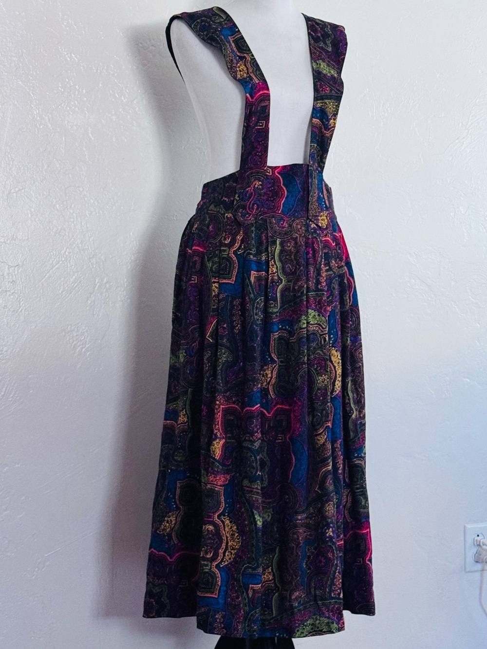 Vintage 90s Psychedelic Rainbow Multicolor Paisley Midi Jumper Overall Dress 12
